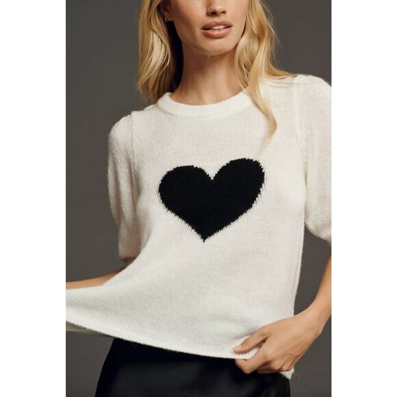Anthropologie Maeve Short-Sleeve Puff Heart Sweater Tee M - Picture 2 of 7
